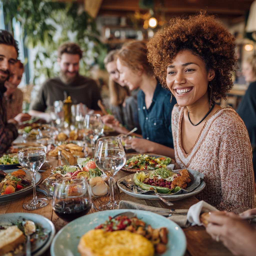 Diverse group of Slovak adults enjoying balanced meals at different times of day, showcasing healthy eating rhythms and social dining experiences